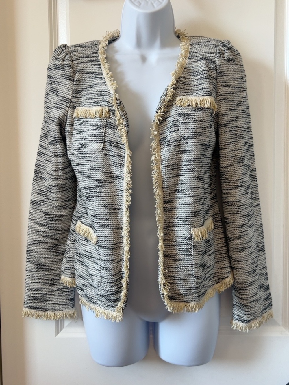 YO Los Angeles Black White Tweed Gold Fringe Jacket Medium NWT